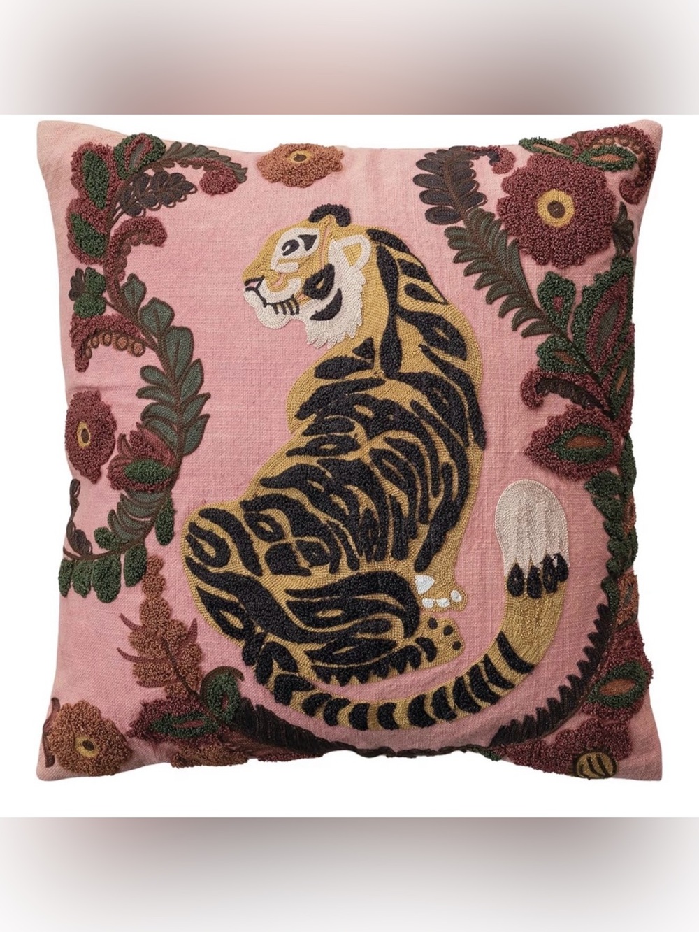 Creative Co-Op Pink Tiger Embroidered Decorative Pillow with Floral Motif